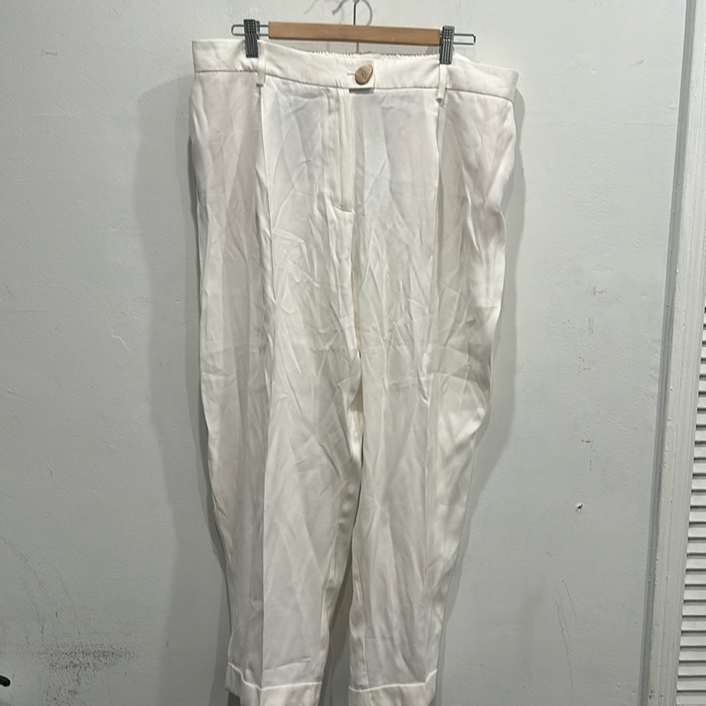 VIOLETA BY MANGO white cuffed pleated ankle pants pockets elastic back large NWT